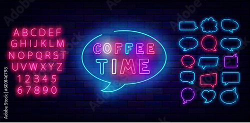 Coffee time neon label. Speech bubbles frames set. Coffee house advertising for cafe, restaurant. Vector illustration