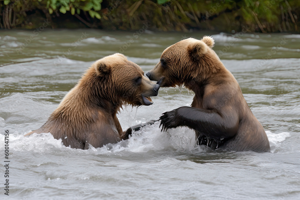 Obraz premium A pair of young Brown Bears fight in the middle of a river in Alaska.