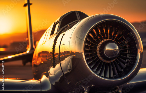 the engine of a private jet sitting on top of the plane at sunset