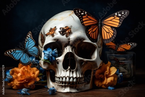 death skull butterfly bone flower art halloween skeleton design illustration. Generative AI.