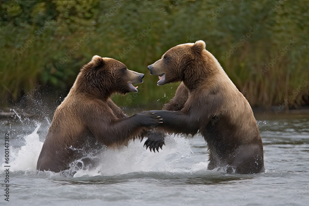 Obraz premium A pair of young Brown Bears fight in the middle of a river in Alaska.