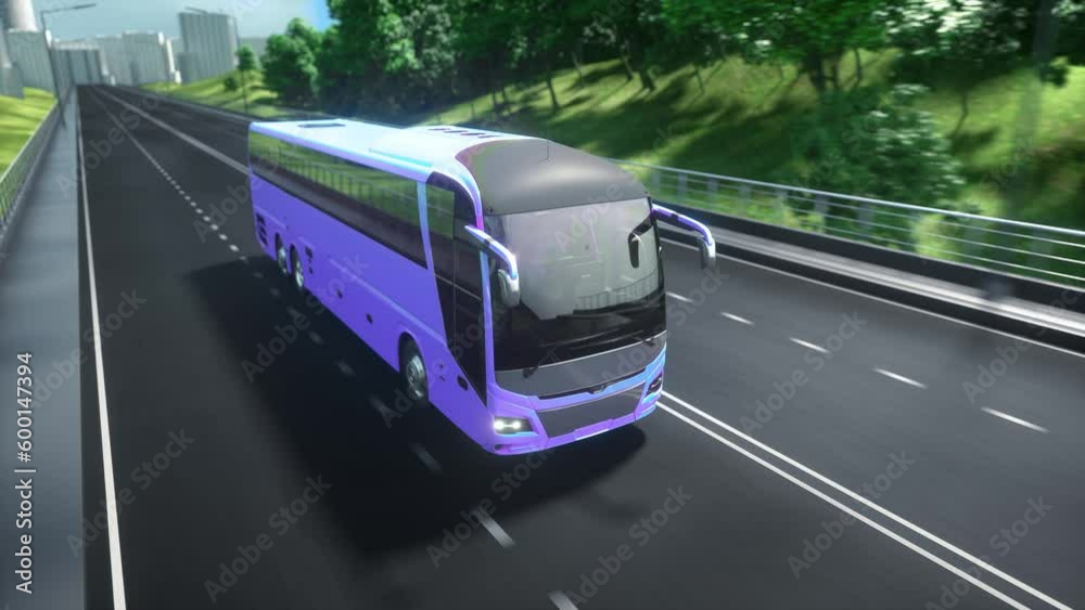 Purple tourist passenger modern bus on the highway. Surrounded by nature, trees, fields. Concept of tourism and transportation of people between cities. Sunny summer day. 3d animation in 4K