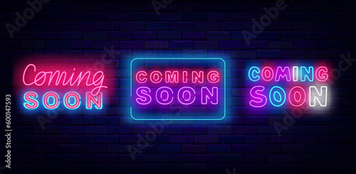 Coming soon neon emblems set. Geometric frame. Party and sale preparation signs collection. Vector illustration