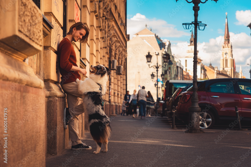 Side view of young Caucasian man with pure breed aussie dog poses leans wall. Background of city. Friendship with pet