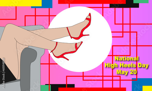 a pair of female legs wearing red high heels and lazing on a sofa against a background of red stripes and colored squares. commemorates National High Heels Day on May 20