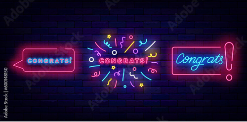 Congrats neon labels collection. Handwritten text. Speech bubble and confetti firework frames. Vector stock illustration