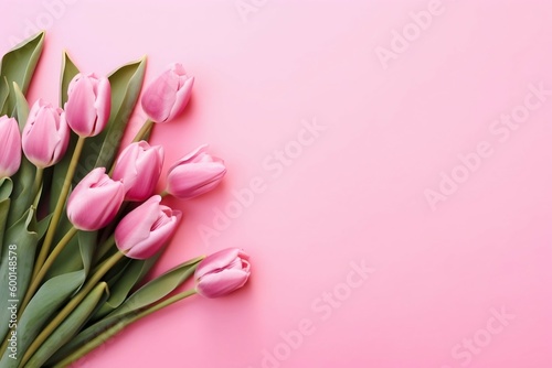 Spring Tulip Flowers on Pink Background, Top View in Flat Lay Style. Generative ai