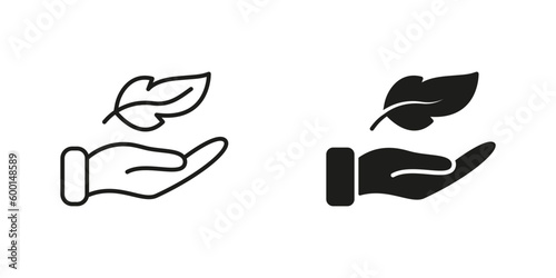 Silhouette And Line Icon Set Of Lightweight Feathers In Hand. Gentle Smooth Feather. Black Pictogram Of Soft And Delicate Feather. Lightweight Symbol Collection. Isolated Vector Illustration