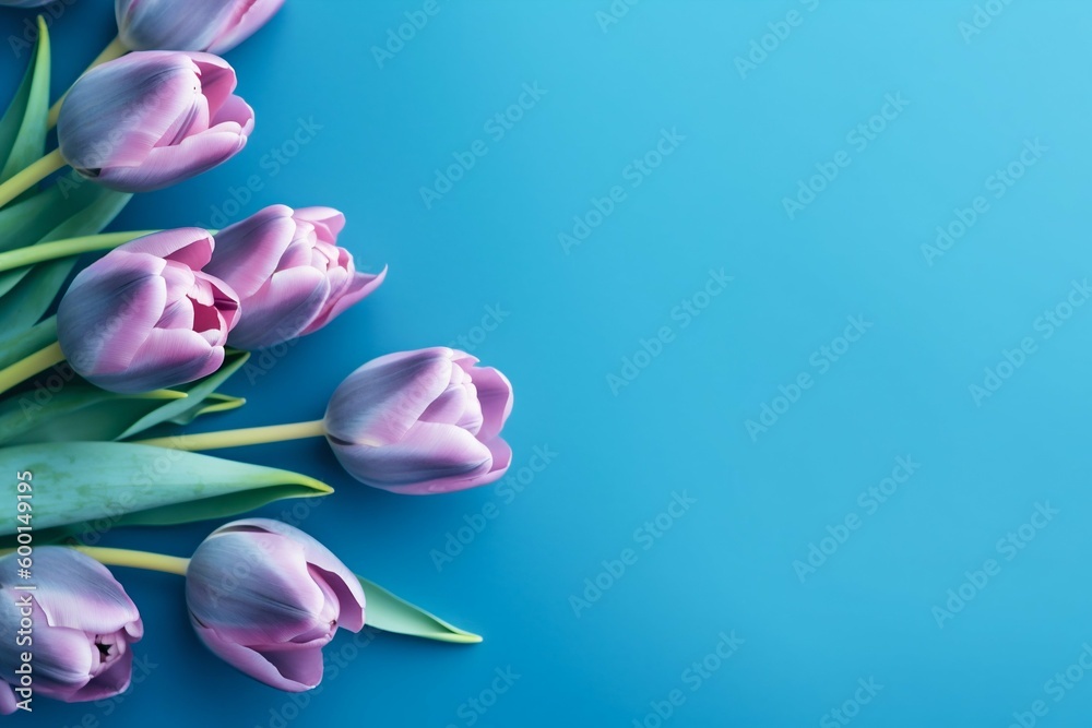 Spring Tulip Flowers on Blue Background, Top View in Flat Lay Style. Generative ai Spring Tulip Flowers on Blue Background, Top View in Flat Lay Style. Generative ai