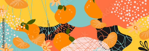 Vector background with flat tangerines and abstract elements. Hand colored background with textures