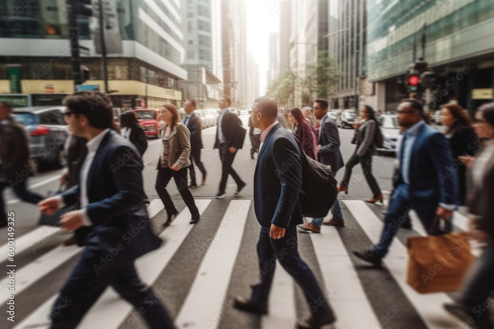 Blurred crowd of business people walking on zebra crossing in city. AI generative Blurred crowd of business people walking on zebra crossing in city. AI generative