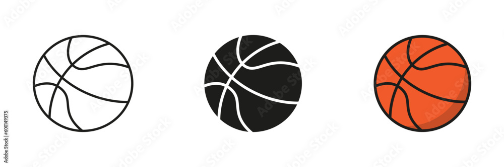Basketball Ball Silhouette and Line Icon Set. Ball for Play Sports Game Solid and Outline Black and Color Symbol Collection on White Background. Isolated Vector Illustration