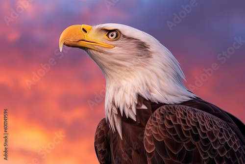 Bald eagle with open beak. Side portrait. In the background is a colorful sky with clouds at sunset