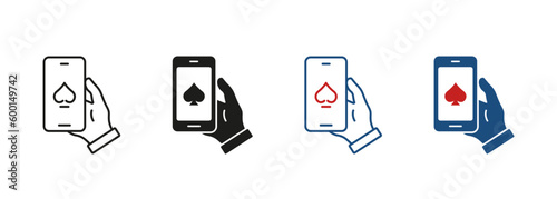 Online Poker Club on Mobile Phone Pictogram. Internet Casino in Cellphone Line and Silhouette Icon Set. Success, Lucky, Jackpot in Gambling Symbol Collection. Isolated Vector Illustration