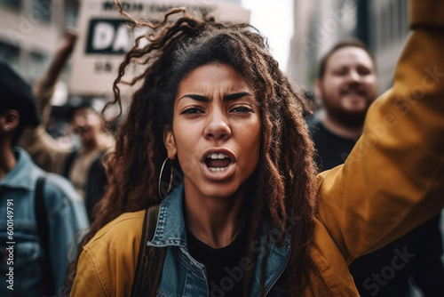 Emotional Woman activist screaming in protest with group of protestors during strike. AI generative 