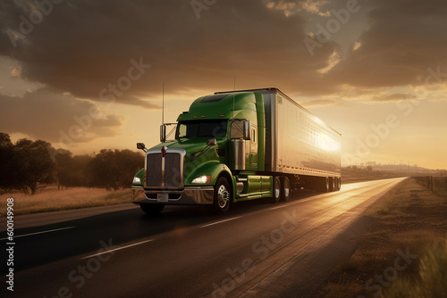 Truck with the cargo driving on highway in a sunset lights. Logistic delivery system. AI Generative
