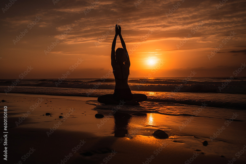 Silhouette of fit woman doing yoga on the beach at sunset with her hands in air. AI Generation Generative AI