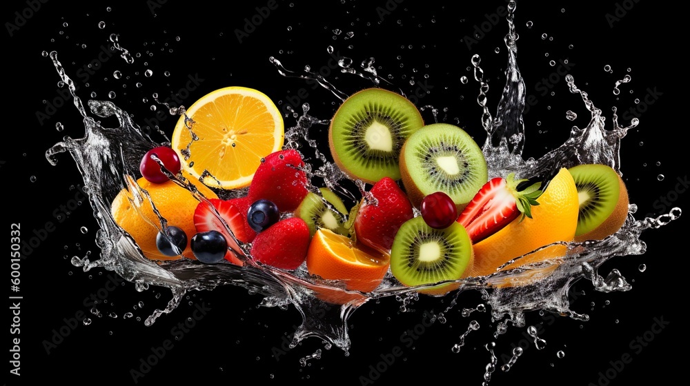 Fototapeta premium Sliced fruits with water splash made with Ai generative technology