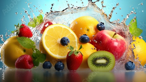 Sliced fruits with water splash made with Ai generative technology