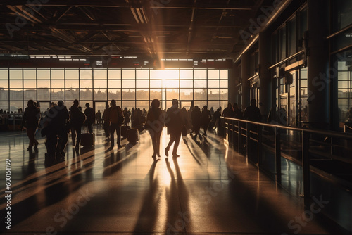 Blurred crowd people walk through glass building of business center or airport. AI Generative