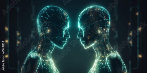 two robots face to face, futuristic inspiration, robotics, artificial intelligence