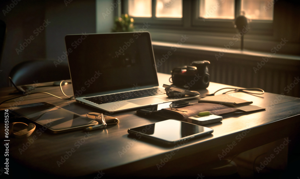 an image of a desk with a laptop and a phone in it an image of a desk with a laptop and a phone in it