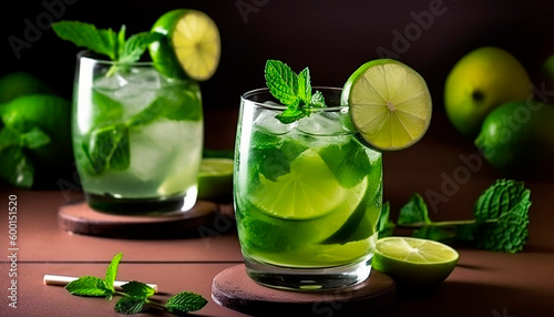 A glass of mojito and lemon. Table, fruit, professional background. High quality illustration Generative AI