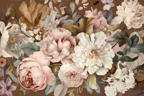 peony illustration design watercolor background wallpaper delicate flower leaf wedding seamless. Generative AI.