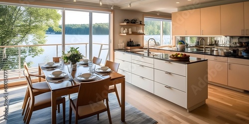 Experience the Beauty of Nature While Cooking in this Custom Cabinetry Kitchen with a Stunning Lake View, Generative AI  © B.WHISKERS