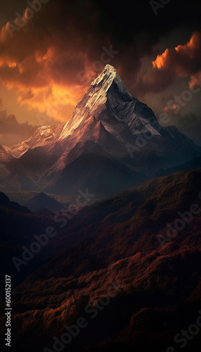Dark sunset in the Himalayas. High quality Generative AI