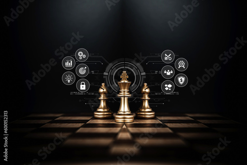 King chess pieces stand win with teamwork concept of team player or business team and leadership strategy or strategic planning and human resources organization risk management.