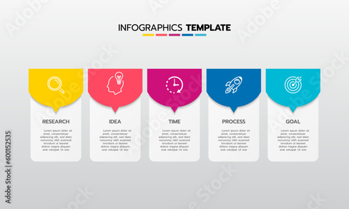 Business infographic template process with simple geometry square, rectangle, circle, triangle, curves in flat design template with thin line icons and 5 options or steps. Vector illustration.