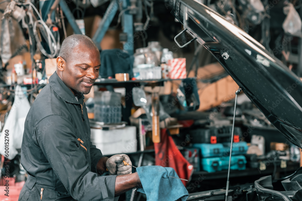 Auto mechanic diagnose and troubleshoots with tools and equipment. Polishing car, fixing braking and steering systems. Measuring oil levels with oil gauge stick and then pouring or changing it. Auto mechanic diagnose and troubleshoots with tools and equipment. Polishing car, fixing braking and steering systems. Measuring oil levels with oil gauge stick and then pouring or changing it.