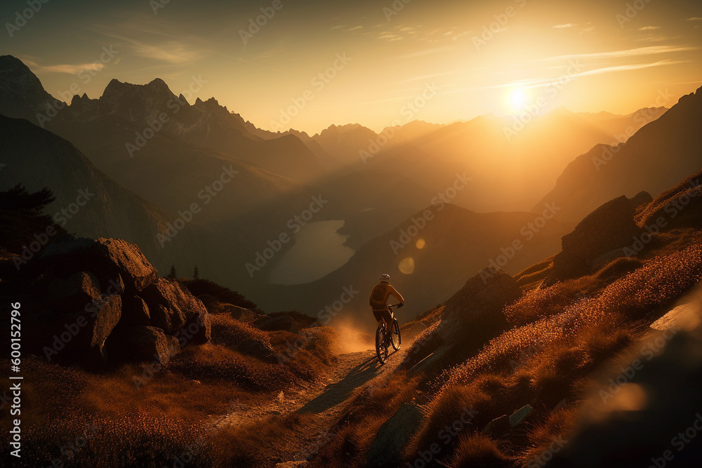 Mountain biker cycling on the mountain during amazing sunset. Generative AI