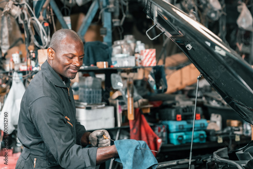 Auto mechanic diagnose and troubleshoots with tools and equipment. Polishing car, fixing braking and steering systems. Measuring oil levels with oil gauge stick and then pouring or changing it.