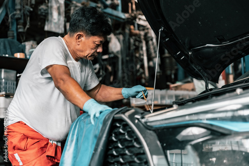 Auto mechanic diagnose and troubleshoots with tools and equipment. Polishing car, fixing braking and steering systems. Measuring oil levels with oil gauge stick and then pouring or changing it.