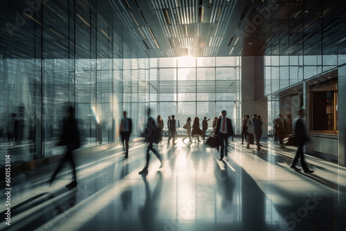 Blurred crowd people walk through glass building of business center or airport. AI Generative