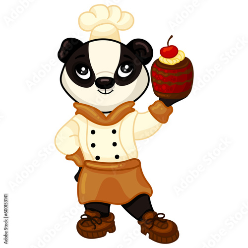 Pastry-cook decorating cake. Chef cooker, confectioner cooking delicious sweet dessert, adding cherry. Vector illustration isolated on white background.