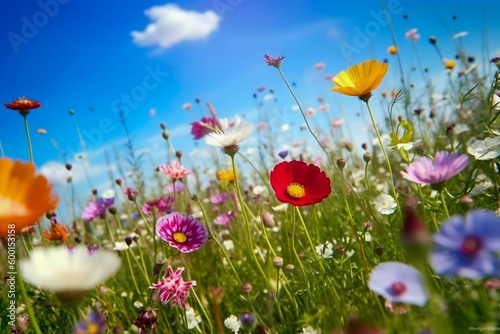 Flower Meadow in Spring with Clear Blue Sky. Generative ai