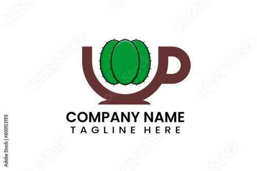 Flat coffee cup cactus logo icon template vector design illustration