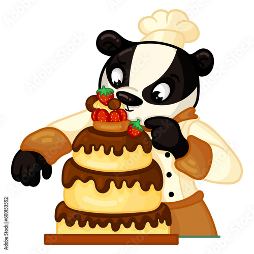 Pastry-cook decorating cake. Chef cooker, confectioner cooking delicious sweet dessert, adding strawberry, final touch to confectionary dish.Vector illustration isolated on white background.