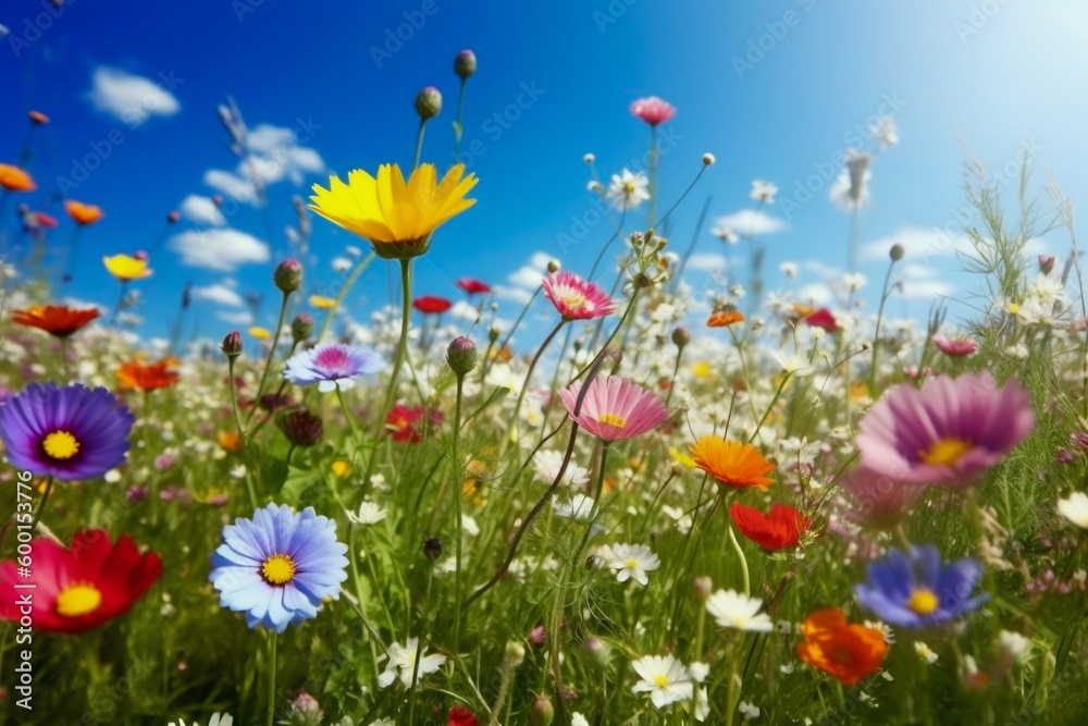 Flower Meadow in Spring with Clear Blue Sky. Generative ai