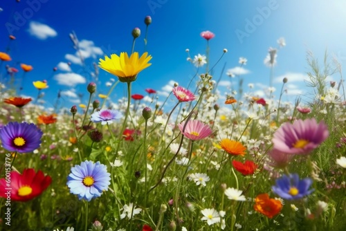Flower Meadow in Spring with Clear Blue Sky. Generative ai