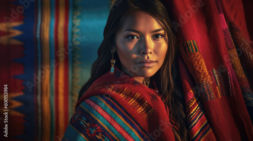 Portrait of a young Native American woman wearing a blanket by generative AI