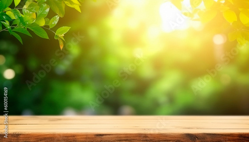 summer fresh background of leaves and wood table. High quality illustration Generative AI