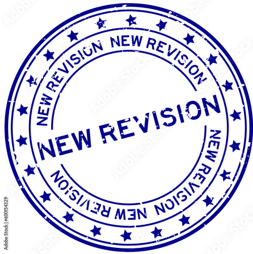 Grunge blue new revision word round rubber seal stamp on white background
