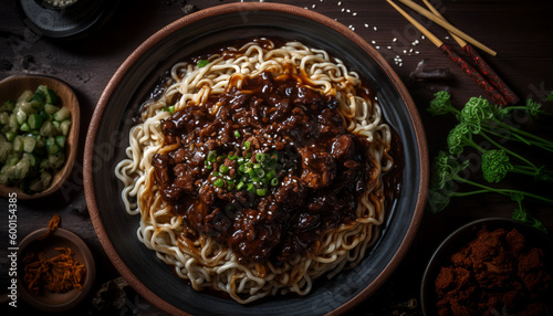 Satisfy your cravings with the savory and rich flavors of Jajangmyeon - a popular Korean dish that combines Chinese-style noodles with a thick sauce made of chunjang, diced pork, and veggies.