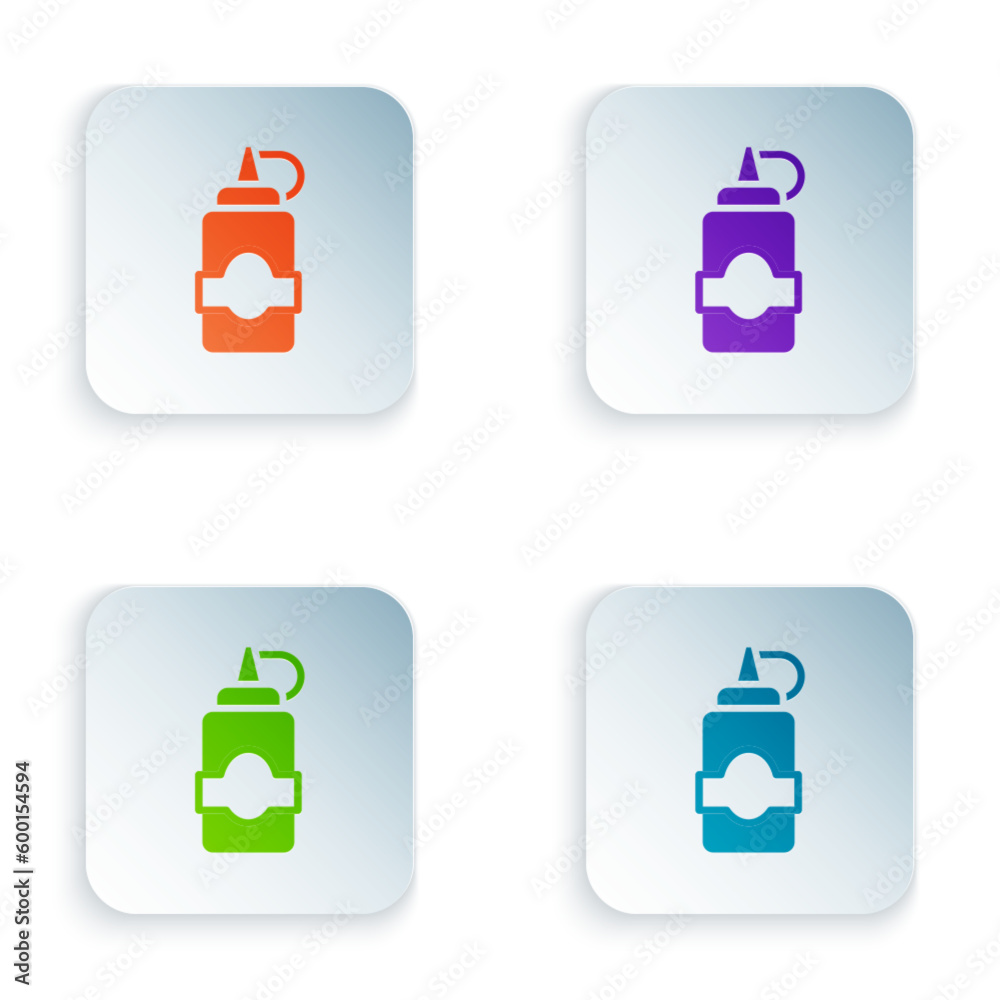Color Sauce bottle icon isolated on white background. Ketchup, mustard and mayonnaise bottles with sauce for fast food. Set colorful icons in square buttons. Vector