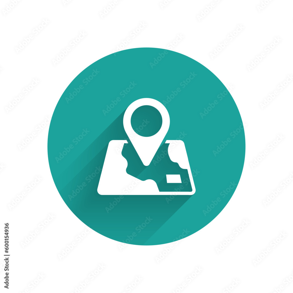 White Folded map with location marker icon isolated with long shadow background. Green circle button. Vector White Folded map with location marker icon isolated with long shadow background. Green circle button. Vector