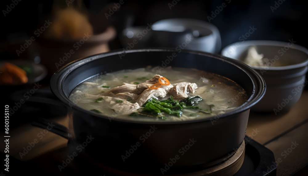 Warm up your body and soul with a bowl of Samgye-tang - a Korean ginseng chicken soup that's packed with nourishing ingredients. This traditional soup is made with a whole young chicken stuffed